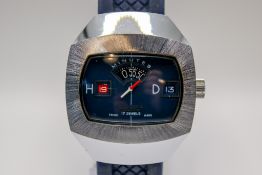 A circa 1970s Sicura Jump Hour automatic gentleman's stainless steel wristwatch.