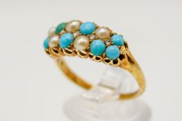 An 18ct gold pearl, turquoise and diamond ring.
