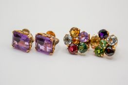 Two pairs of stone set screw and clip earrings. One pair set with faceted amethyst of circa 1.