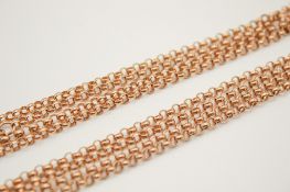 A long 9ct gold cable link chain.