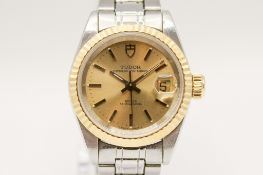 A lady's Tudor Princess Oysterdate stainless steel wristwatch, With gold face and date aperture,
