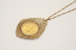 A 1912 full sovereign coin in a pendant mount with chain.