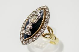 A Georgian gold and diamond mourning ring. Of marquise form 2.1cm x 1.