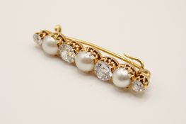 An antique diamond and half cultured pearl set bar brooch.