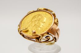 An Austrian Empire Joseph I, one Ducat gold coin mounted in a 14ct gold ring.