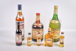 Eight assorted bottles of alcohol.