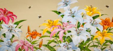 Martin Rumary (British, 20th-21st Century) acrylic on paper, bees hovering around lilies.