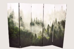 A contemporary five section folding screen room divider depicting 'a misty forest'.