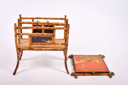 A bamboo and lacquer magazine rack and a similar triptych folding wall mirror.