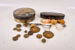 An assortment of collectables. Including a sovereign case, a set of scales, etc.