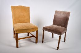 Two contemporary chairs. Including a purple velvet upholstered chair and a suede upholstered chair.