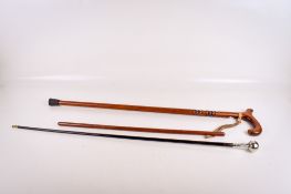 Two walking canes and a leather covered swagger stick.