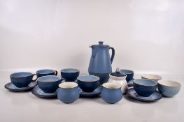 A Denby Blue Jetty Stoneware coffee set mostly for six. Including coffee pot, cups and saucers, etc.