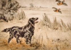 Henry Wilkinson (1921-2001) limited edition print, a black flatcoated retriever and two partridges.