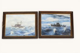 Peter Pallot (British, 1910-2012), two oils on boards, military ships at sea.