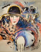 Zamy Steynovitz (Poland, 1951-2000) mixed media drawing, portrait of a girl in a hat.