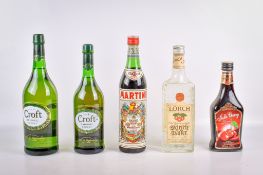 Five bottles of assorted alcohol.