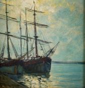M Deschampi, 20th century oil on board, boats docked at a port.
