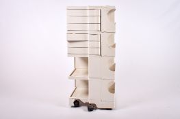 A Joe Colombo Boby white plastic mobile storage trolley. Raised on five casters.