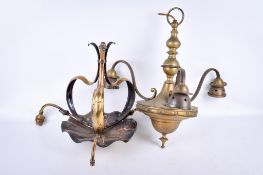 Two brass ceiling chandeliers. Including an Art Nouveau gas example.