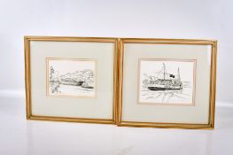 A pair of Frank Shipsides pen and ink drawings of boats.