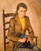 A Mid-century oil on canvas, portrait of a seated young girl.