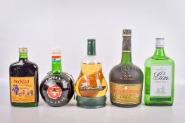 A group of five bottles of assorted alcohol.
