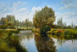 Graham Petley (1944-2025), oil on canvas, riverside landscape.