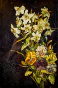 A 20th century oil on board floral still life. Monogrammed 'AB', gallery label to verso, 44cm x 24.