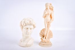 An alabaster 'Birth of Venus' sculpture and resin bust of 'David'. Max.