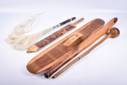 A group of five assorted ethnographic items. Including an African hand carved fly swat, etc.