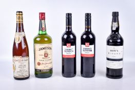 Five assorted bottles of alcohol.