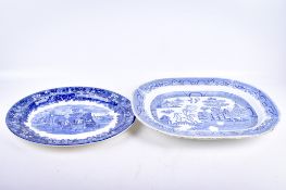 Two blue and white transfer printed meat plates. Including Wedgwood Ferrara and a Willow pattern.
