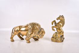 A brass model of a bull and a horse. The bull stamped 'REG L DED' to the leg, H13.