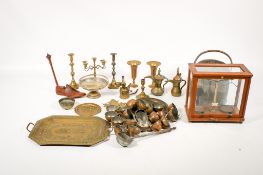 A large selection of brass and copper and metal ware also set of vintage Philip Harris laboratory