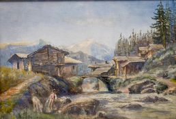 Oil on board, unsigned - Alpine scene.