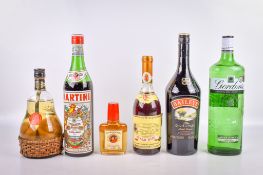 A group of six assorted bottles of alcohol.