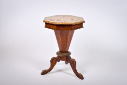 A Victorian walnut inlaid chess top trumpet sewing table (AF).