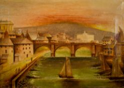 An oil on canvas, bridge over a river.