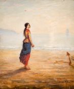 A 19th century style oil on canvas, Young Woman on a Beach.