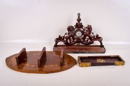 Three 20th century treen items. Including a brass bound Chinese tray and a carved shelf (AF), etc.