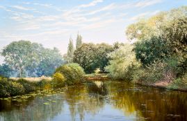 Graham Petley (British 1944-2025), oil on canvas, riverscape. Signed (lower left), 59.