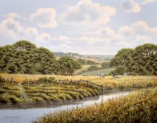 Terence Grundy (1956-2023) oil on canvas, a riverside scene with cows in the fields.