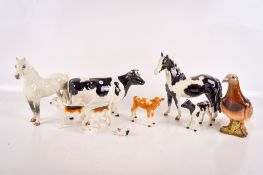 Eight Beswick ceramic figures. Including a racing pigeon, horses, cows and dogs. Largest H16.
