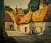 An oil on board, village scene.