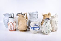 Nine 19th century and later English pottery pitchers. Most having moulded decoration including W.