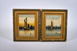 F. Wright, a pair of oil on boards, boats at anchor.