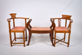 Two mahogany corner chairs and a carved oak stool. All having the same upholstered drop in seats.