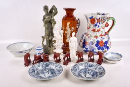 A group of assorted Asian ceramic collectables and an ironstone jug.