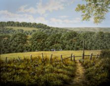 Terence Grundy (British, 1956-2023) oil on canvas, cows amongst fields.